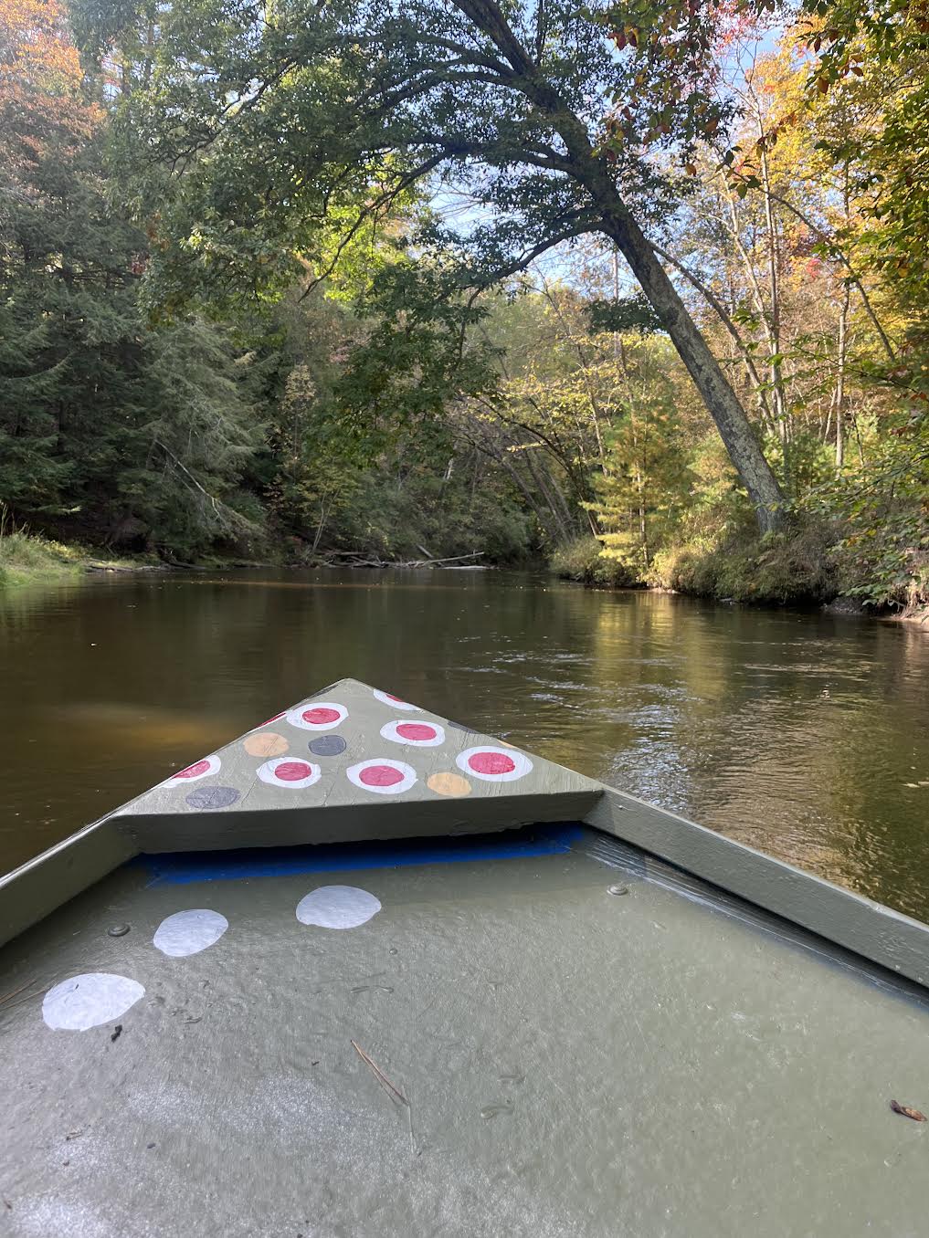 View over the painted bow down the river in fall colors